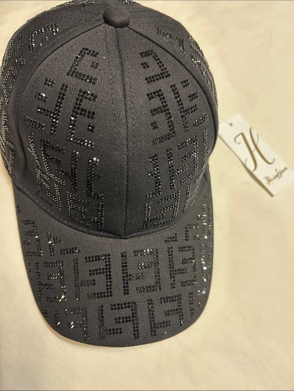 Embellished Black Baseball Cap with Crystal Logo Pattern